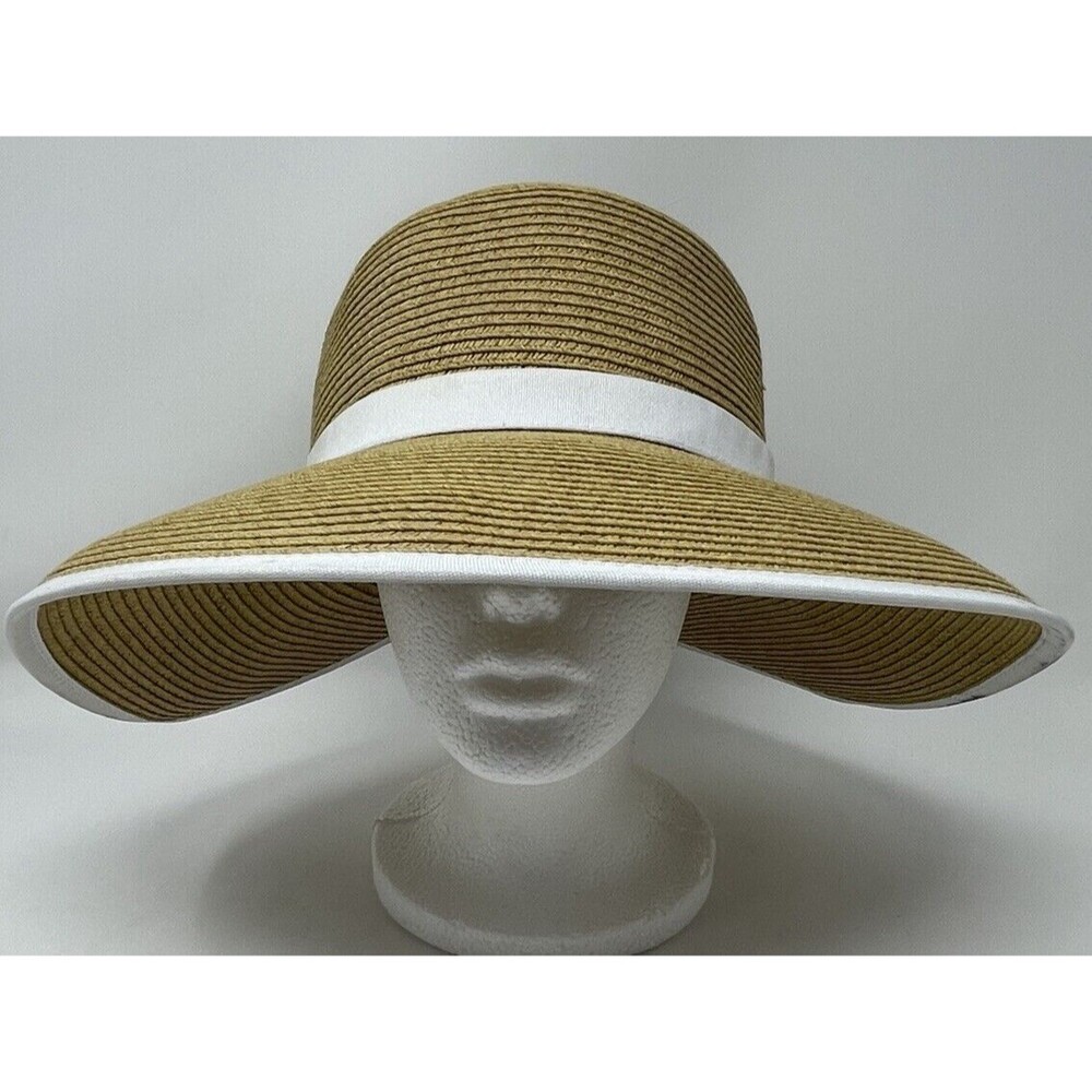 Sun N Sand Woven Hat Beige W/White Trim Wide Brim Brow Pad UPF-50 XL Crown